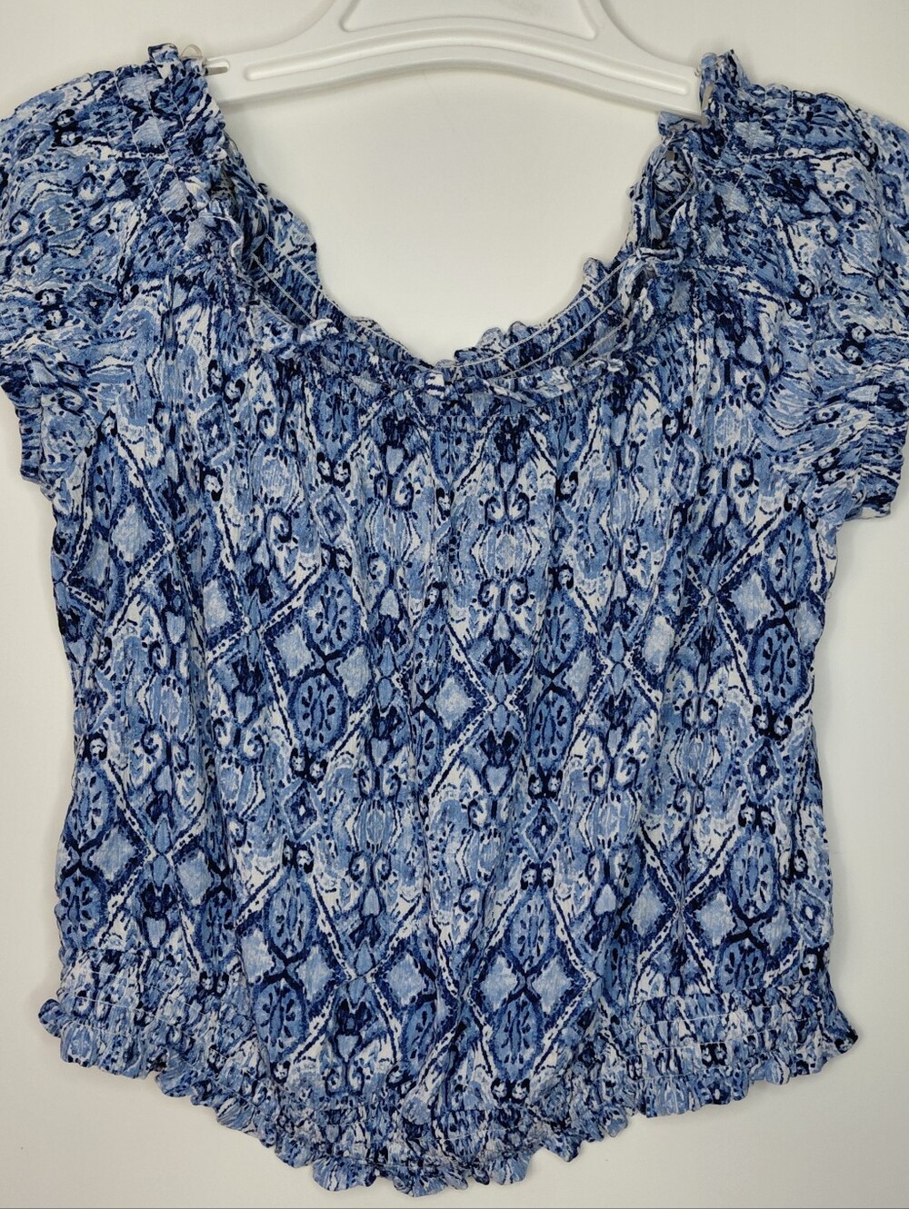 Women's XL Off The Shoulder Peasant Top Smocked Waist Blouse Blue White Bohemian